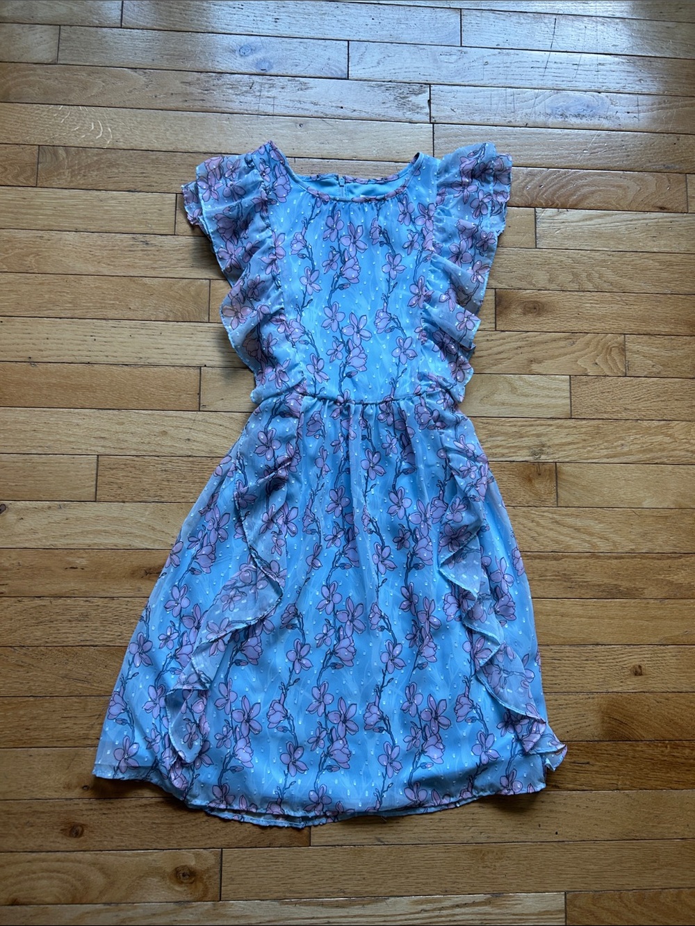 Blush Blue Dress with Pink Floral Ruffles